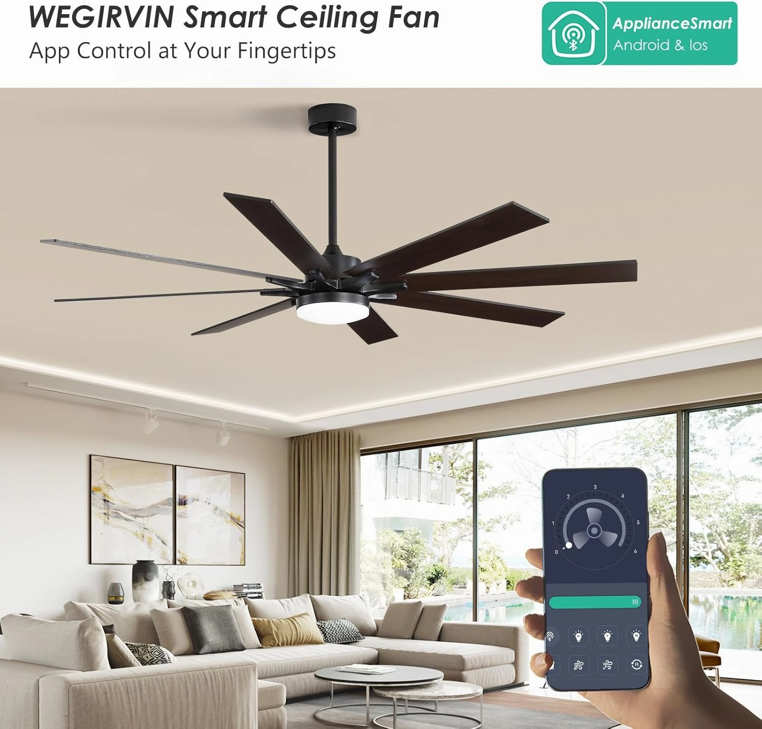 72 Inch Smart Ceiling Fan with Light  App Control /Wall Switch/Remote, High Velocity 6000 CFM, Quiet Reversible Motor, 8-Blade Industrial Design, 10"/15"/24" Downrod for High Ceilings (Black Walnut)