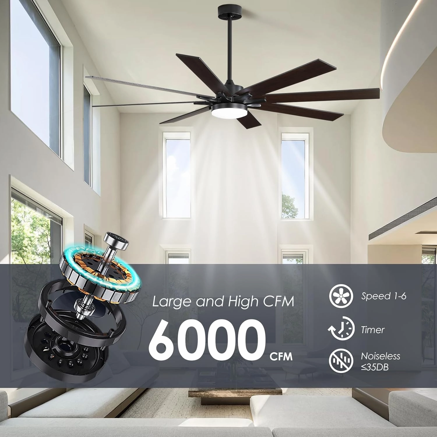 72 Inch Smart Ceiling Fan with Light  App Control /Wall Switch/Remote, High Velocity 6000 CFM, Quiet Reversible Motor, 8-Blade Industrial Design, 10"/15"/24" Downrod for High Ceilings (Black Walnut)