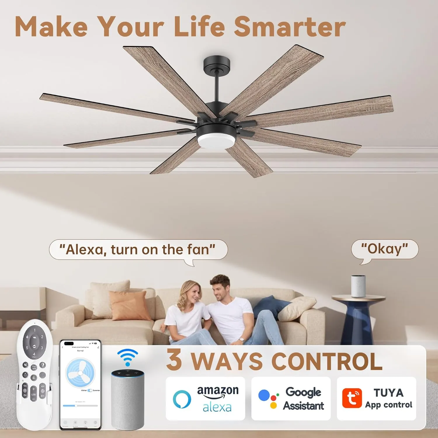 72In Large Smart Ceiling Fans with Lights Remote,Control via WIFI Alexa Google App,Quiet DC Motor,6 Speed,Modern Indoor& Outdoor Ceiling Fan for Large Patio Living Room,8 Blades in Black&Walnut