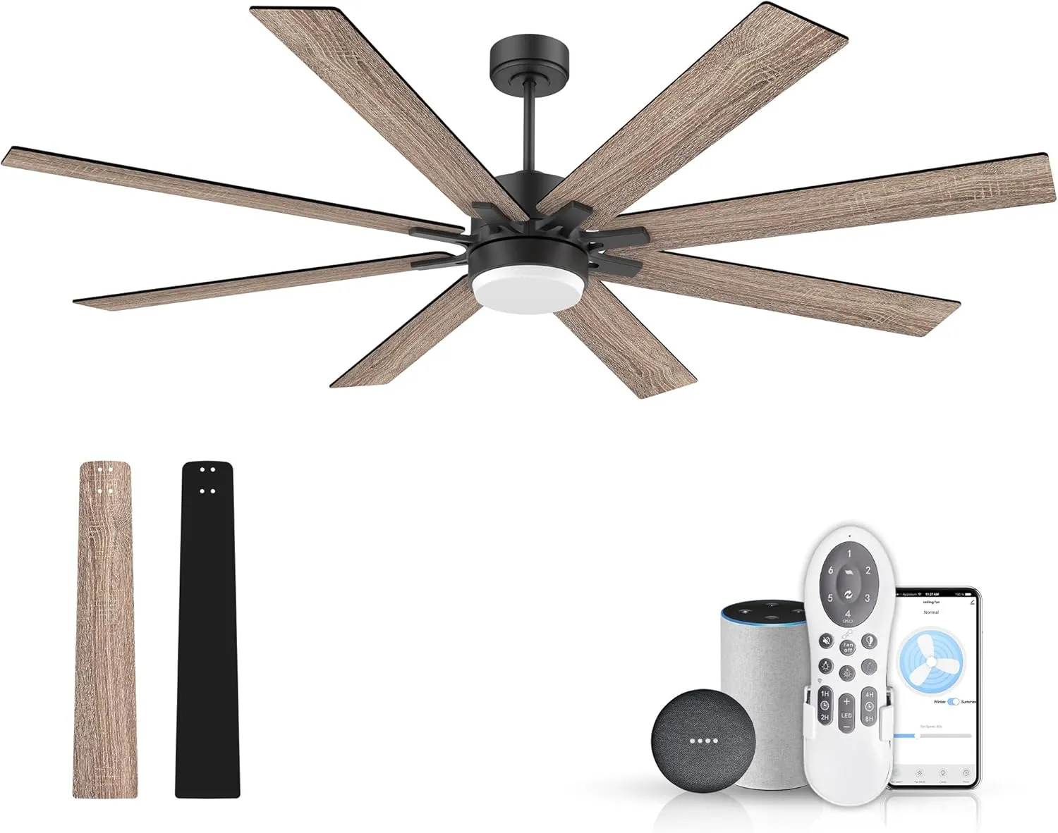 72In Large Smart Ceiling Fans with Lights Remote,Control via WIFI Alexa Google App,Quiet DC Motor,6 Speed,Modern Indoor& Outdoor Ceiling Fan for Large Patio Living Room,8 Blades in Black&Walnut App-controlled remote fan for convenience