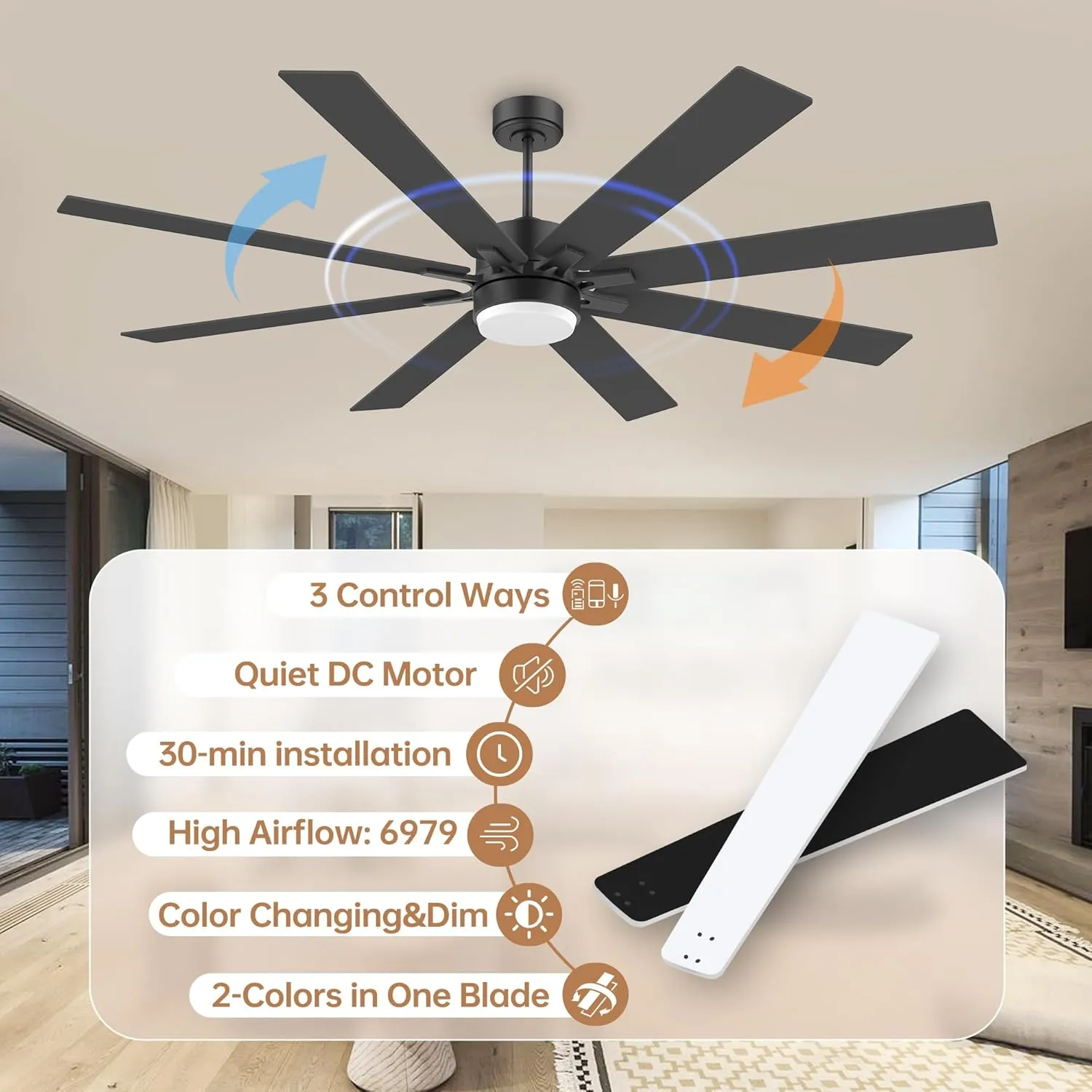 72In Large Smart Ceiling Fans with Lights Remote,Control via WIFI Alexa Google App,Quiet DC Motor,6 Speed,Modern Indoor& Outdoor Ceiling Fan for Large Patio Living Room,8 Blades in Black&Walnut