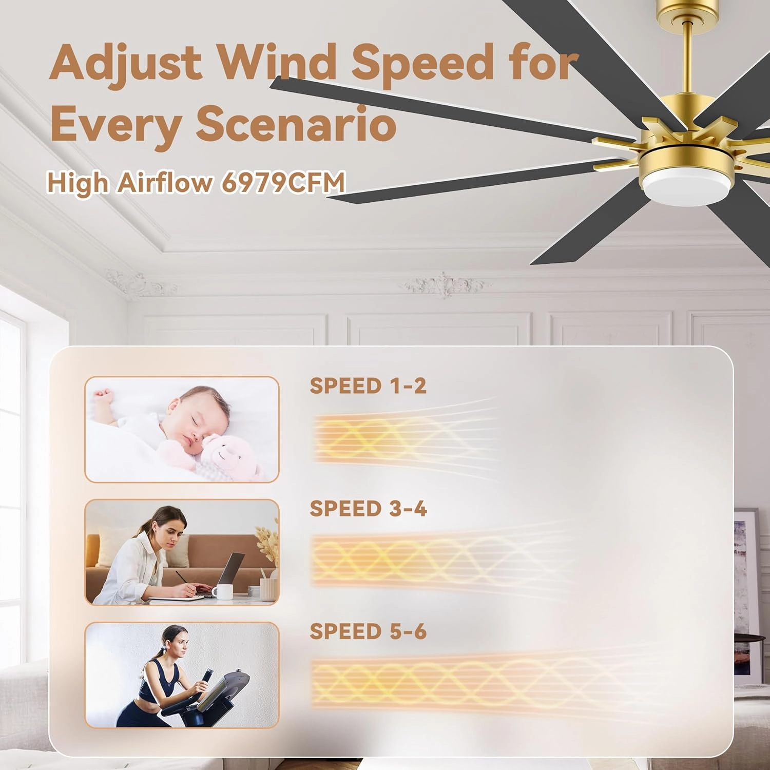 72Inch Large Smart Ceiling Fans with Light Remote,Control via WIFI Alexa Google App,Quiet DC Motor,6 Speed,Modern Outdoor Indoor Ceiling Fan for Large Patio Living Room,in Gold White Black