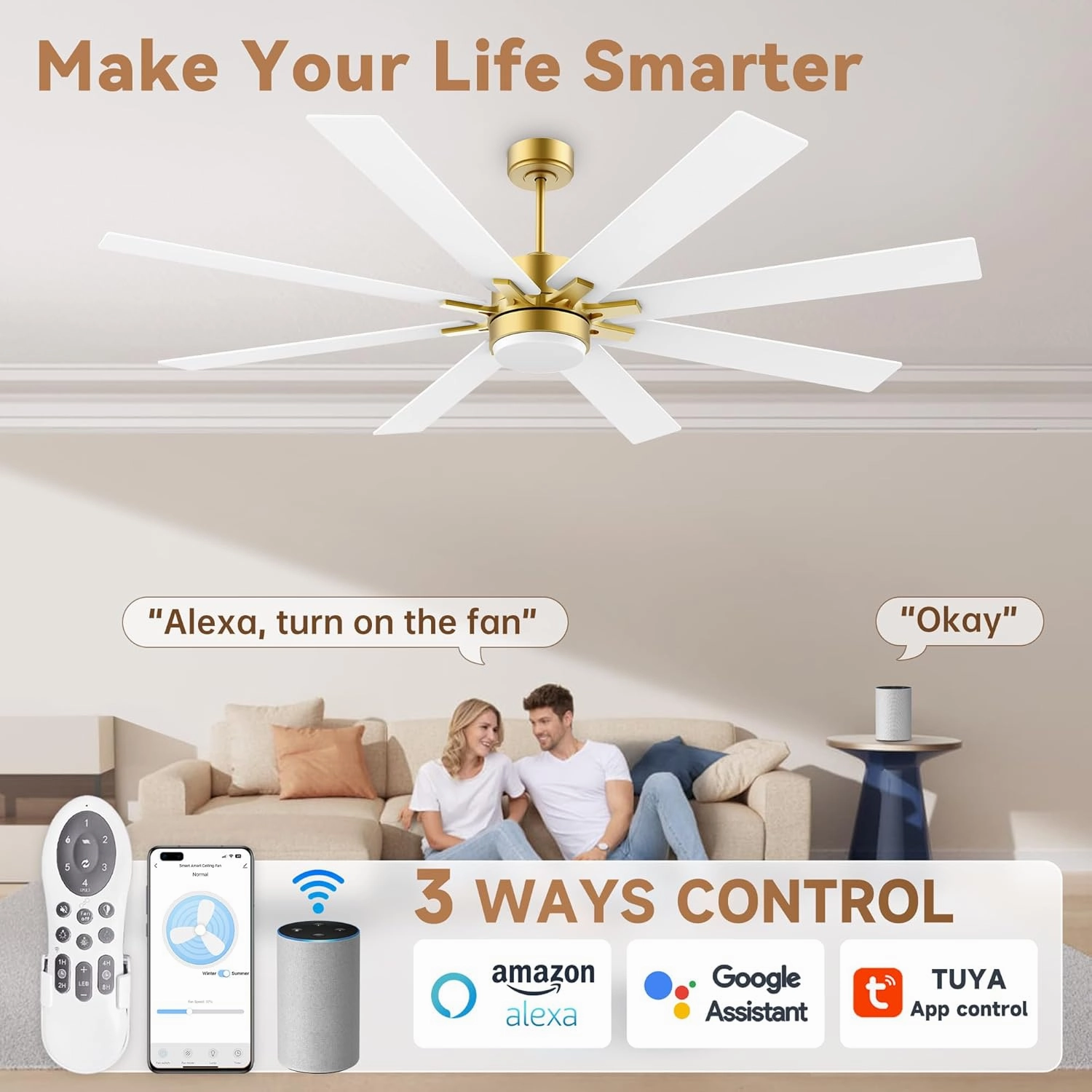 72Inch Large Smart Ceiling Fans with Light Remote,Control via WIFI Alexa Google App,Quiet DC Motor,6 Speed,Modern Outdoor Indoor Ceiling Fan for Large Patio Living Room,in Gold White Black