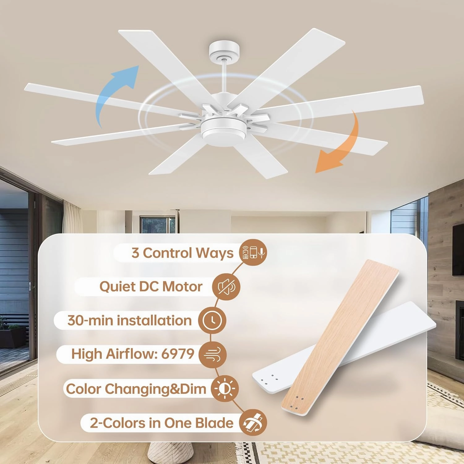 72Inch Large Smart Ceiling Fans with Lights Remote,Control via WIFI Alexa Google App,Modern Outdoor Indoor Ceiling Fan for Large Patio Living Room,6 Speed Quiet DC Motor,8 Blades in White& Light Wood