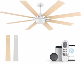 72Inch Large Smart Ceiling Fans with Lights Remote,Control via WIFI Alexa Google App,Modern Outdoor Indoor Ceiling Fan for Large Patio Living Room,6 Speed Quiet DC Motor,8 Blades in White& Light Wood App-controlled remote fan for convenience