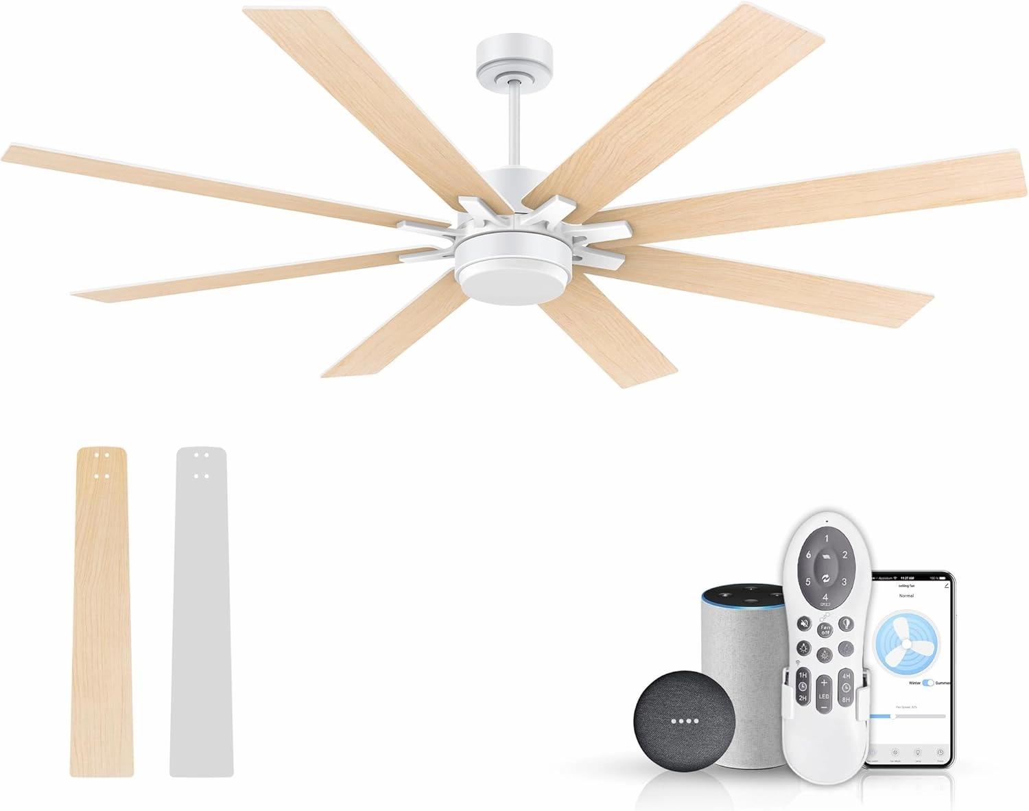 72Inch Large Smart Ceiling Fans with Lights Remote,Control via WIFI Alexa Google App,Modern Outdoor Indoor Ceiling Fan for Large Patio Living Room,6 Speed Quiet DC Motor,8 Blades in White& Light Wood App-controlled remote fan for convenience