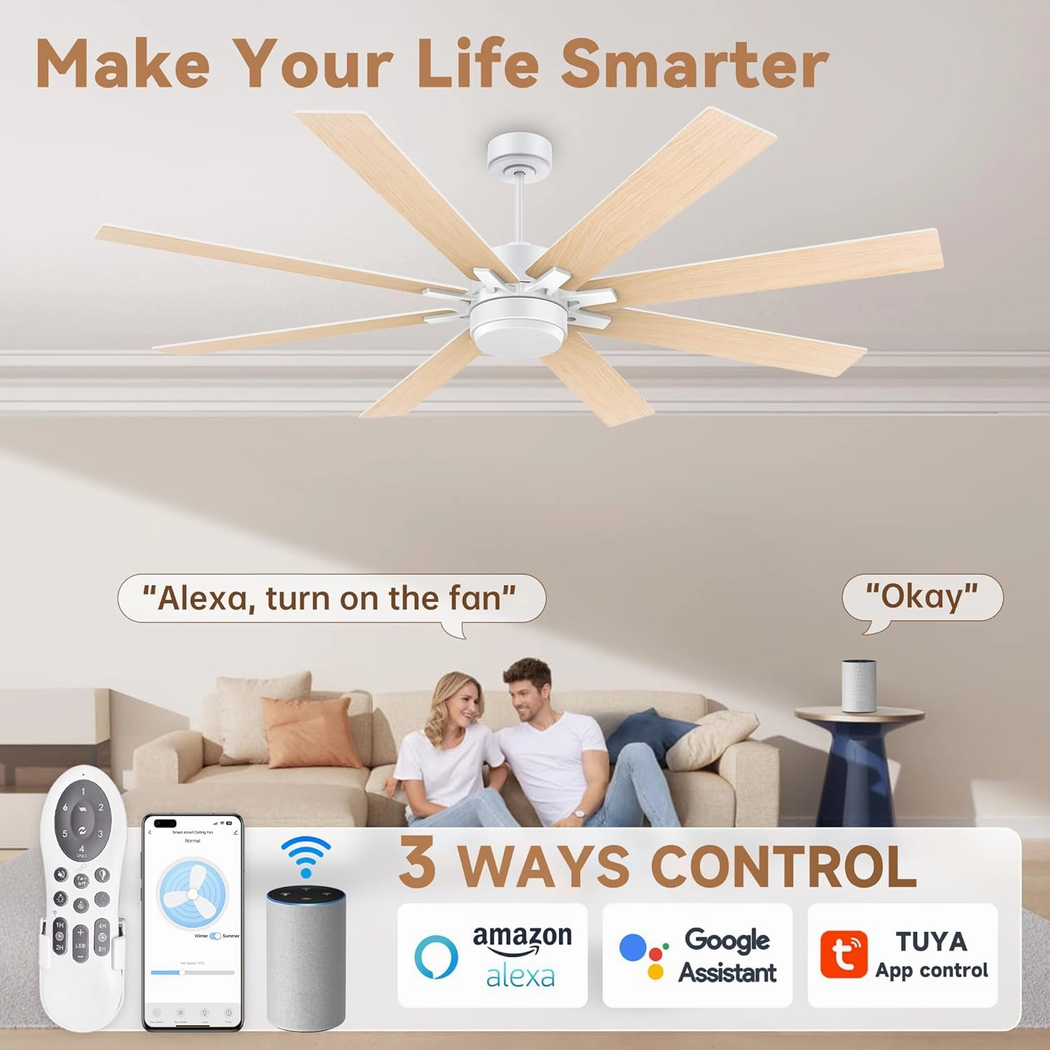 72Inch Large Smart Ceiling Fans with Lights Remote,Control via WIFI Alexa Google App,Modern Outdoor Indoor Ceiling Fan for Large Patio Living Room,6 Speed Quiet DC Motor,8 Blades in White& Light Wood