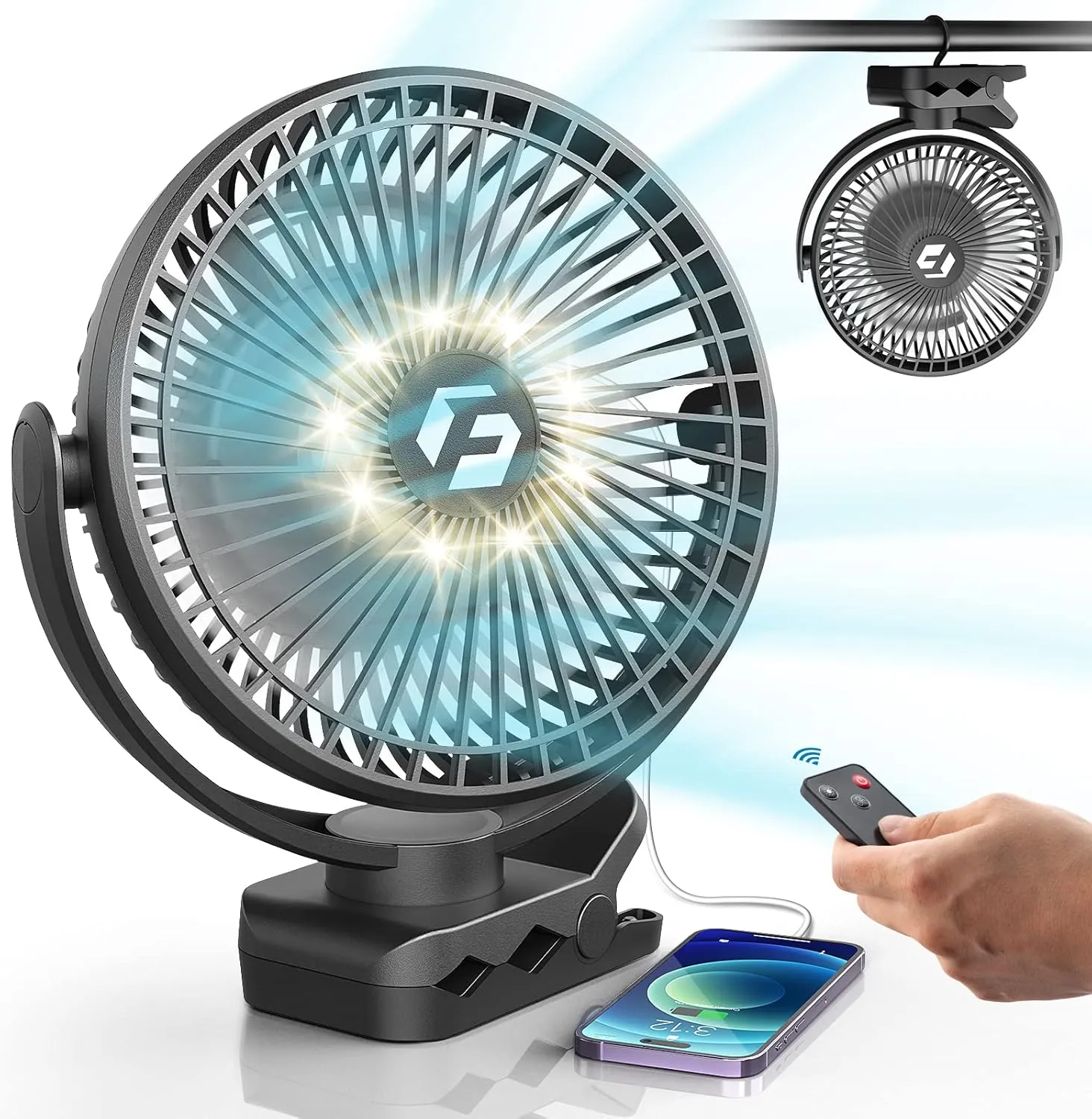 8-inch Clip on Fan - 12000mAh Portable Fan Battery Rechargeable with 3 Speeds and Strong Airflow, USB Fan Small Desk Fan Personal Quiet Fan for Office Stroller Bedroom and Camping. Battery-powered portable fan