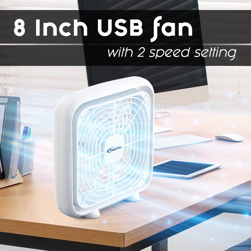 8" Box Fan  USB, Portable, 90 Vertical Adjustable Tilt, Strong Airflow, Durable, Compact, Quiet, 2-Speed, white, PPUF229