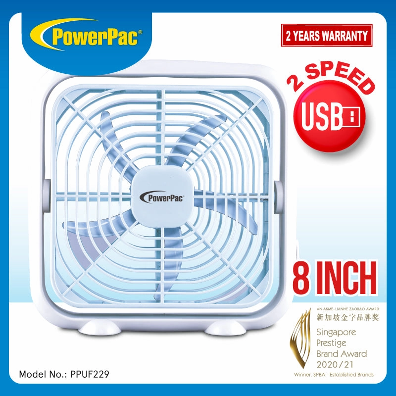 8" Box Fan  USB, Portable, 90 Vertical Adjustable Tilt, Strong Airflow, Durable, Compact, Quiet, 2-Speed, white, PPUF229