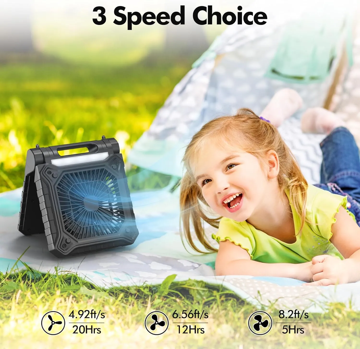 9 inch Solar Fan for Camping - Portable Rechargeable Fan with Adjustable Solar Panel, 3 Powerful Speed & Timer, Battery Operated with LED Light for Outdoor Travel Tent RV Hurricane