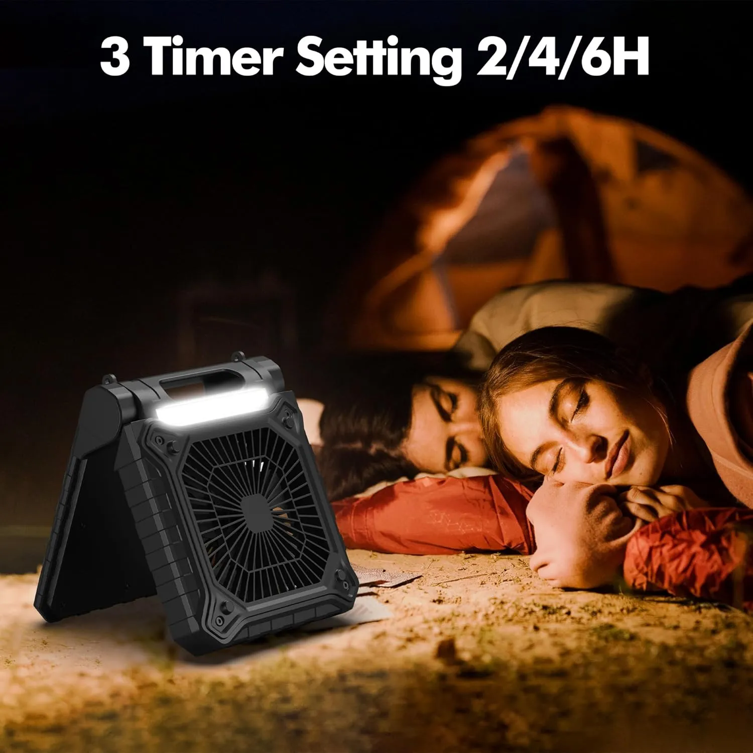9 inch Solar Fan for Camping - Portable Rechargeable Fan with Adjustable Solar Panel, 3 Powerful Speed & Timer, Battery Operated with LED Light for Outdoor Travel Tent RV Hurricane