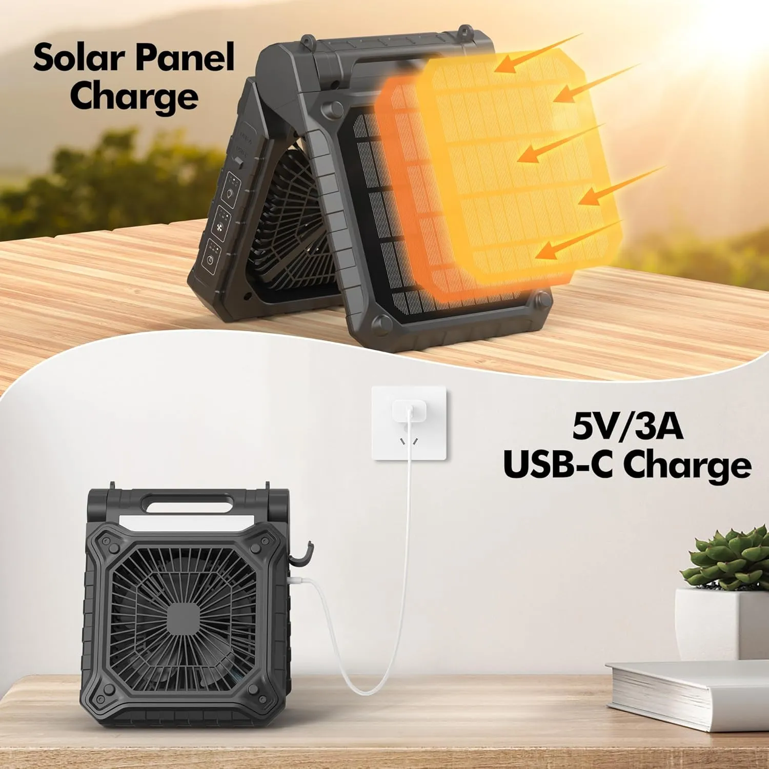 9 inch Solar Fan for Camping - Portable Rechargeable Fan with Adjustable Solar Panel, 3 Powerful Speed & Timer, Battery Operated with LED Light for Outdoor Travel Tent RV Hurricane