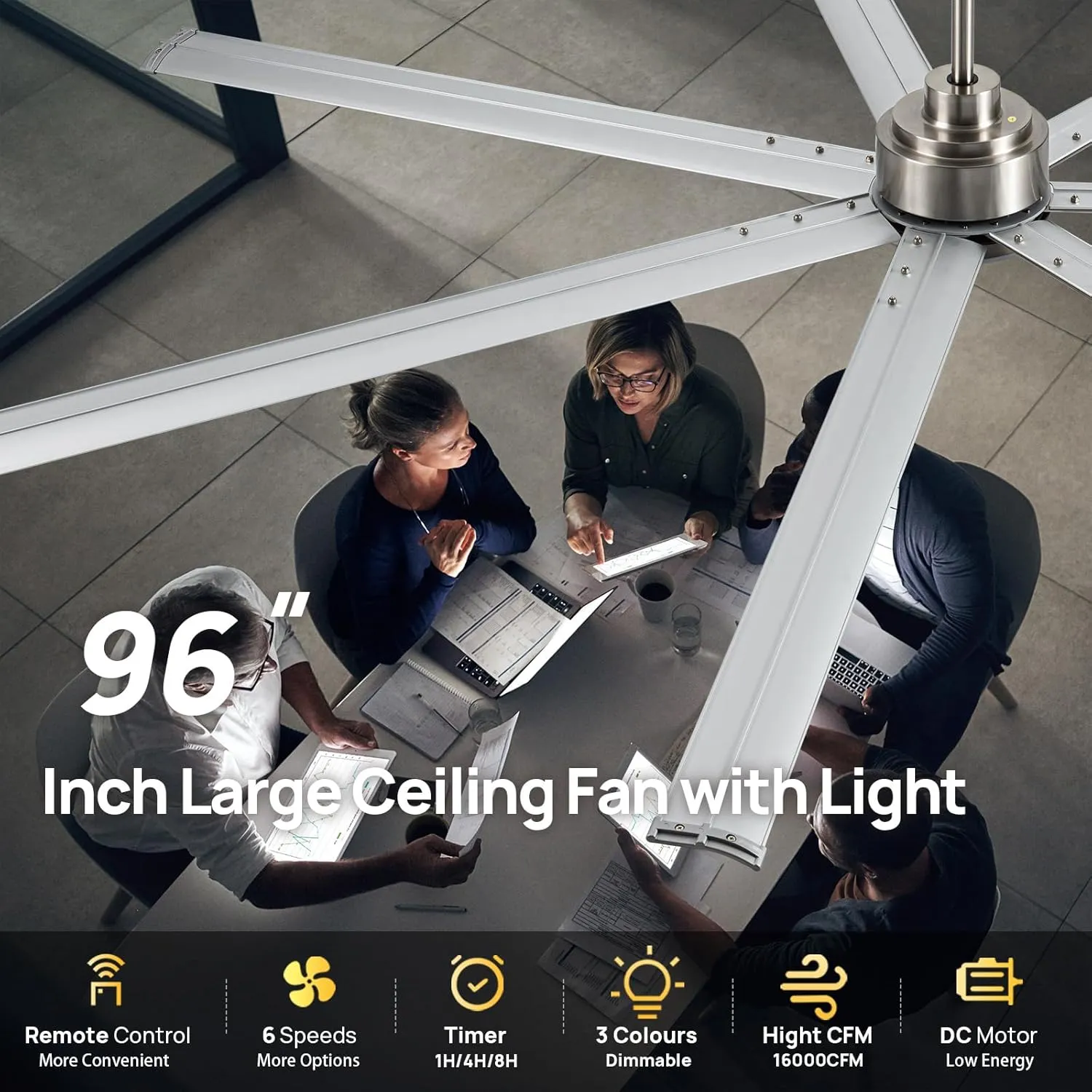 96 Inch Industrial Ceiling Fans with Light,Brushed Nickel HVLS Ceiling Fan with 6 Speeds Reversible Motor,High CFM Indoor/Outdoor Ceiling Fan with 7 Aluminum Blades for Barn shop,Commercial