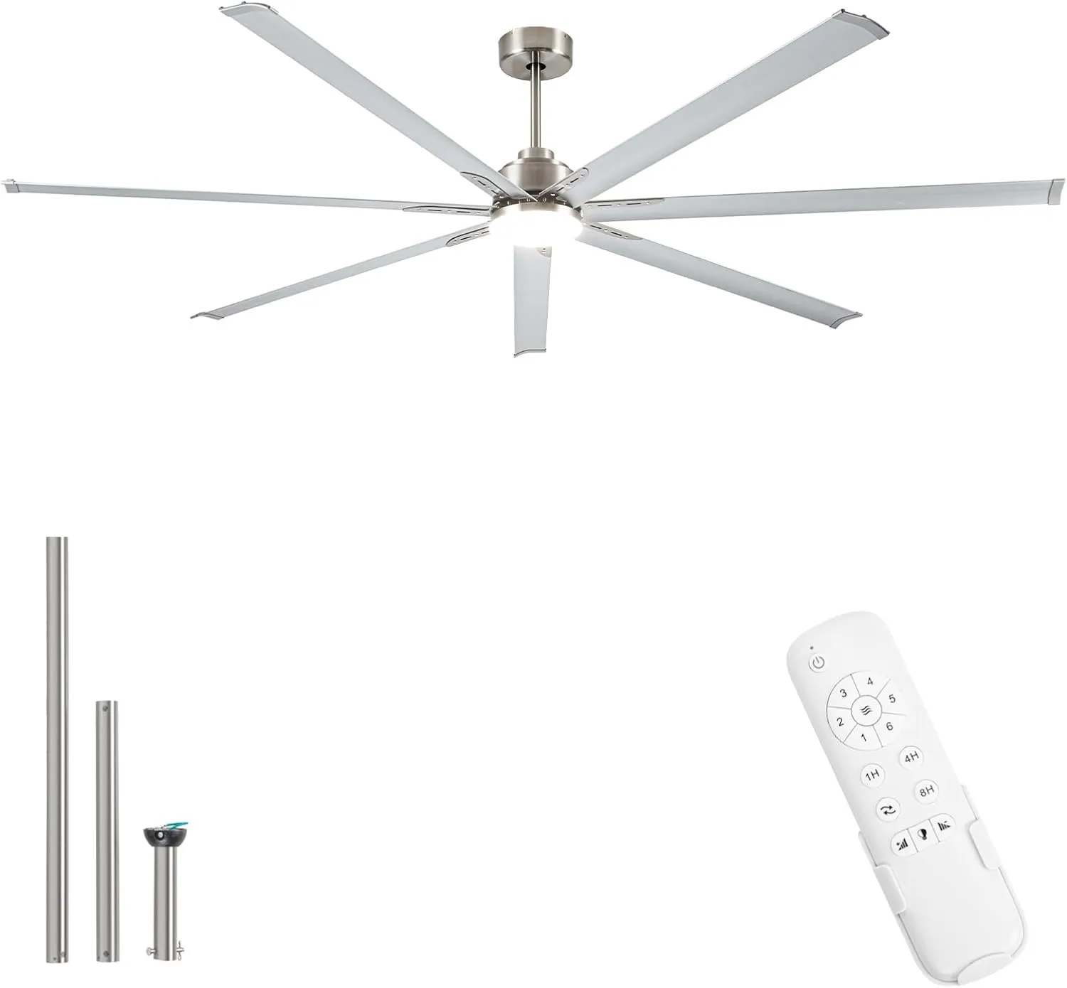 96 Inch Industrial Ceiling Fans with Light,Brushed Nickel HVLS Ceiling Fan with 6 Speeds Reversible Motor,High CFM Indoor/Outdoor Ceiling Fan with 7 Aluminum Blades for Barn shop,Commercial Fan with safety blade design