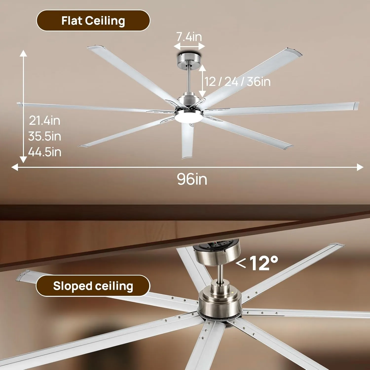 96 Inch Industrial Ceiling Fans with Light,Brushed Nickel HVLS Ceiling Fan with 6 Speeds Reversible Motor,High CFM Indoor/Outdoor Ceiling Fan with 7 Aluminum Blades for Barn shop,Commercial