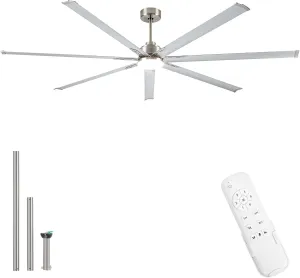 96 Inch Industrial Ceiling Fans with Light,Brushed Nickel HVLS Ceiling Fan with 6 Speeds Reversible Motor,High CFM Indoor/Outdoor Ceiling Fan with 7 Aluminum Blades for Barn shop,Commercial Fan with safety blade design