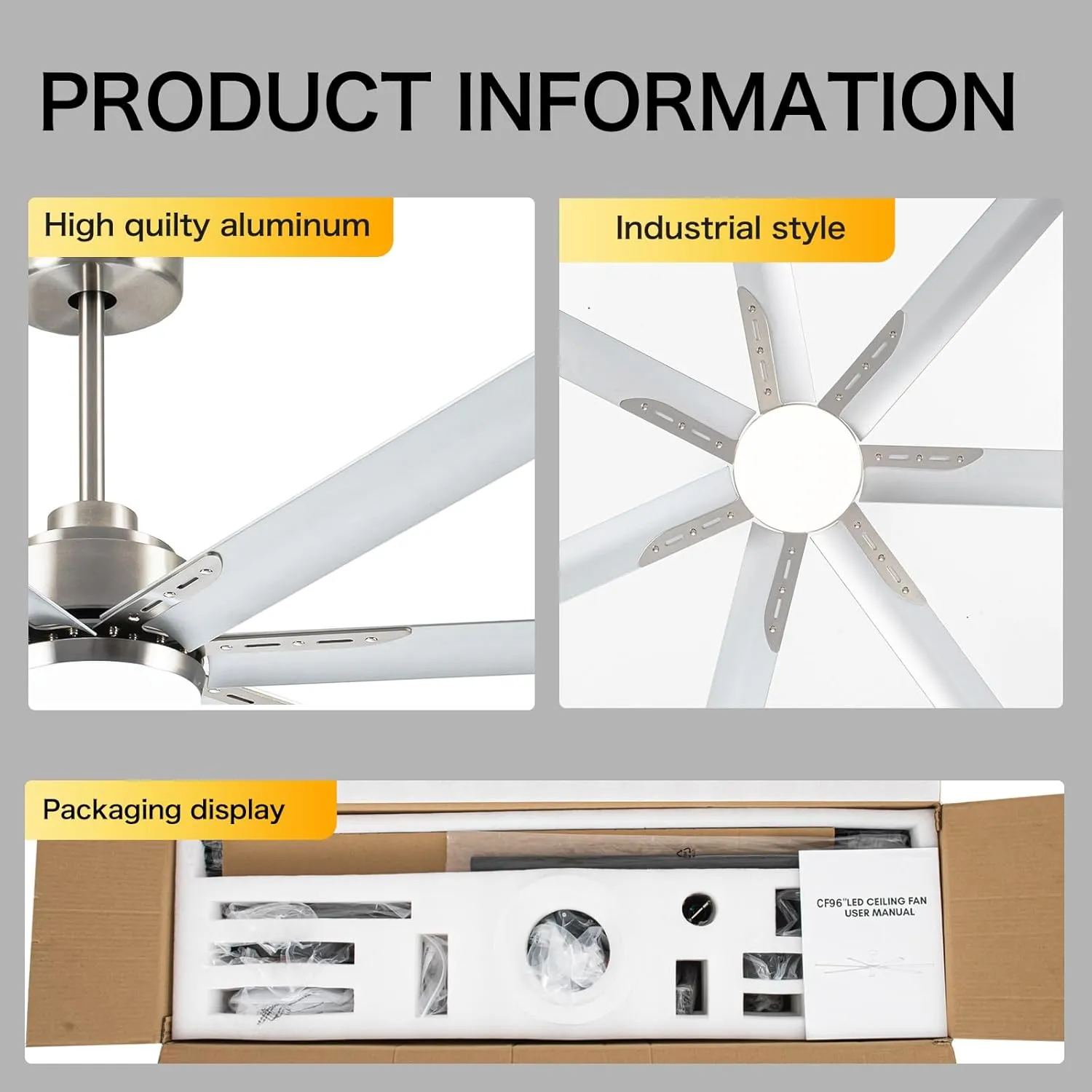 96 Inch Industrial Ceiling Fans with Light,Brushed Nickel HVLS Ceiling Fan with 6 Speeds Reversible Motor,High CFM Indoor/Outdoor Ceiling Fan with 7 Aluminum Blades for Barn shop,Commercial
