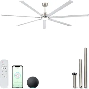 96" Industrial & Commercial HVLS 7 Brushed Nickel Aluminum Blades Ceiling Fan with Light,Works with Alexa,High CFM Brushless Motor,6-Speed,Indoor/Outdoor Ceiling Fan for Patio,Garage,Shop Fan with safety blade design