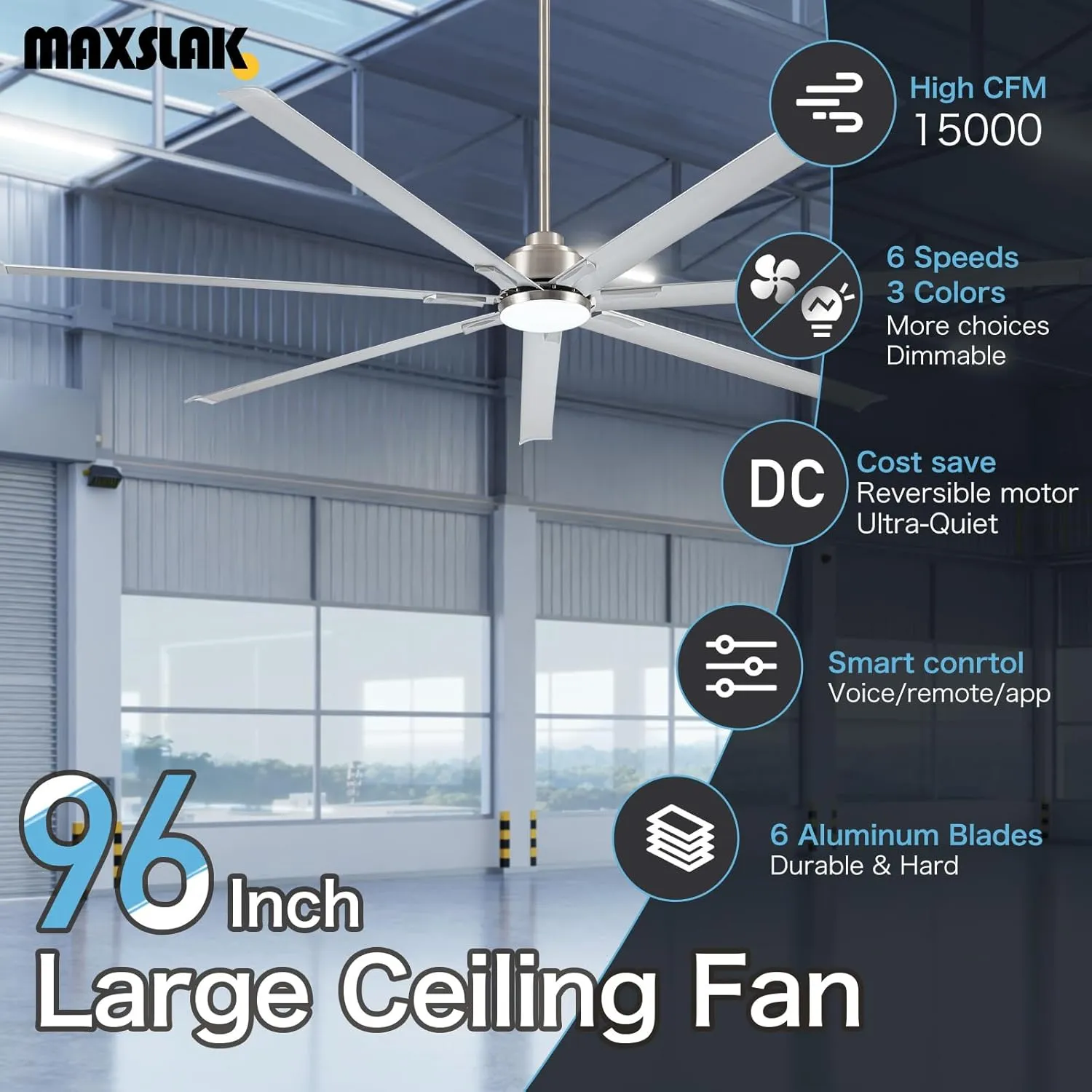 96" Industrial & Commercial HVLS 7 Brushed Nickel Aluminum Blades Ceiling Fan with Light,Works with Alexa,High CFM Brushless Motor,6-Speed,Indoor/Outdoor Ceiling Fan for Patio,Garage,Shop