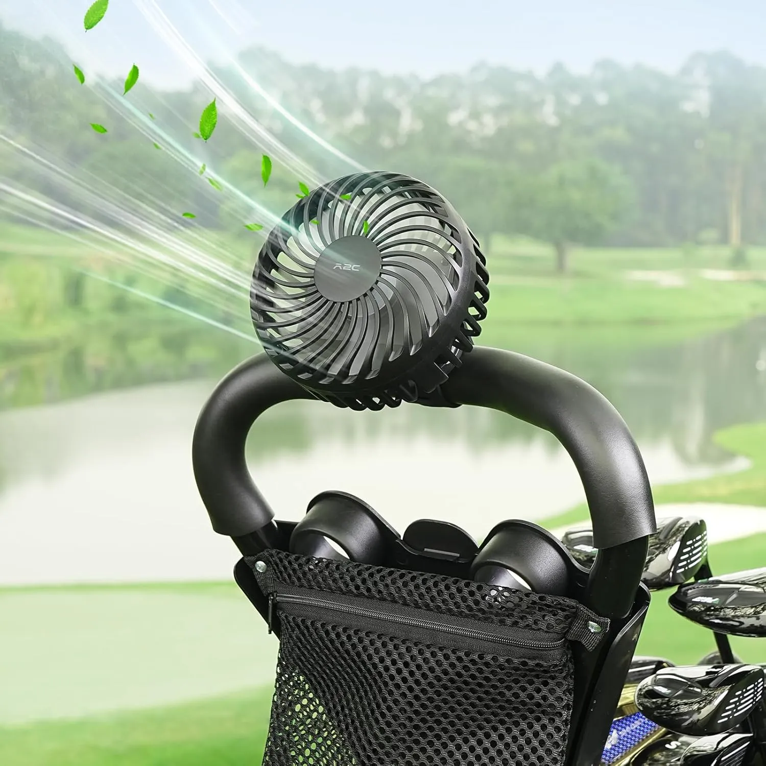 A2C Rechargeable Golf Cart Fan, 3 Speed Settings, 360 Rotation, Portable 4000mAh Battery Cooling Fan for EZGO, Club Car, Yamaha, Forklifts, Lawn Mowers, Fits 0.5"-1.5" Bars