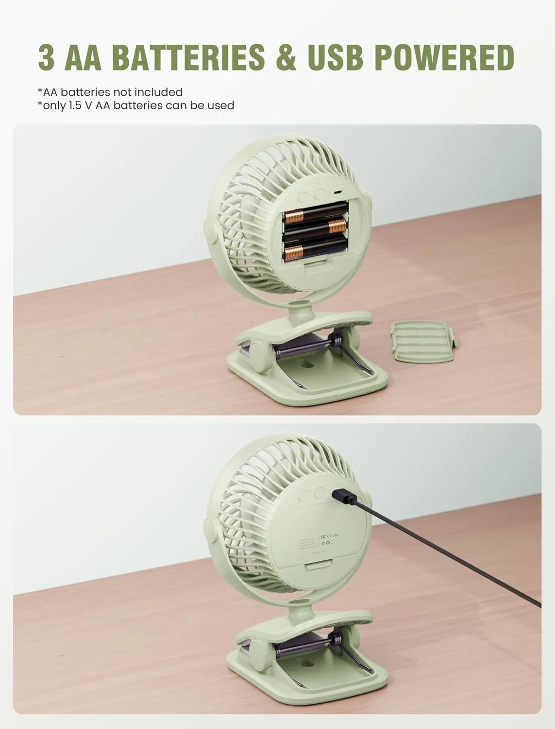 AA Battery Operated Clip-On Fan with Aroma, 4 Speeds, 5-inch Small Personal Fans for Baby Stroller, USB Powered, Quiet, 360 Rotation for Desk/Dorm/Camp/Golf Cart, Portable Home/Office/Bed Use