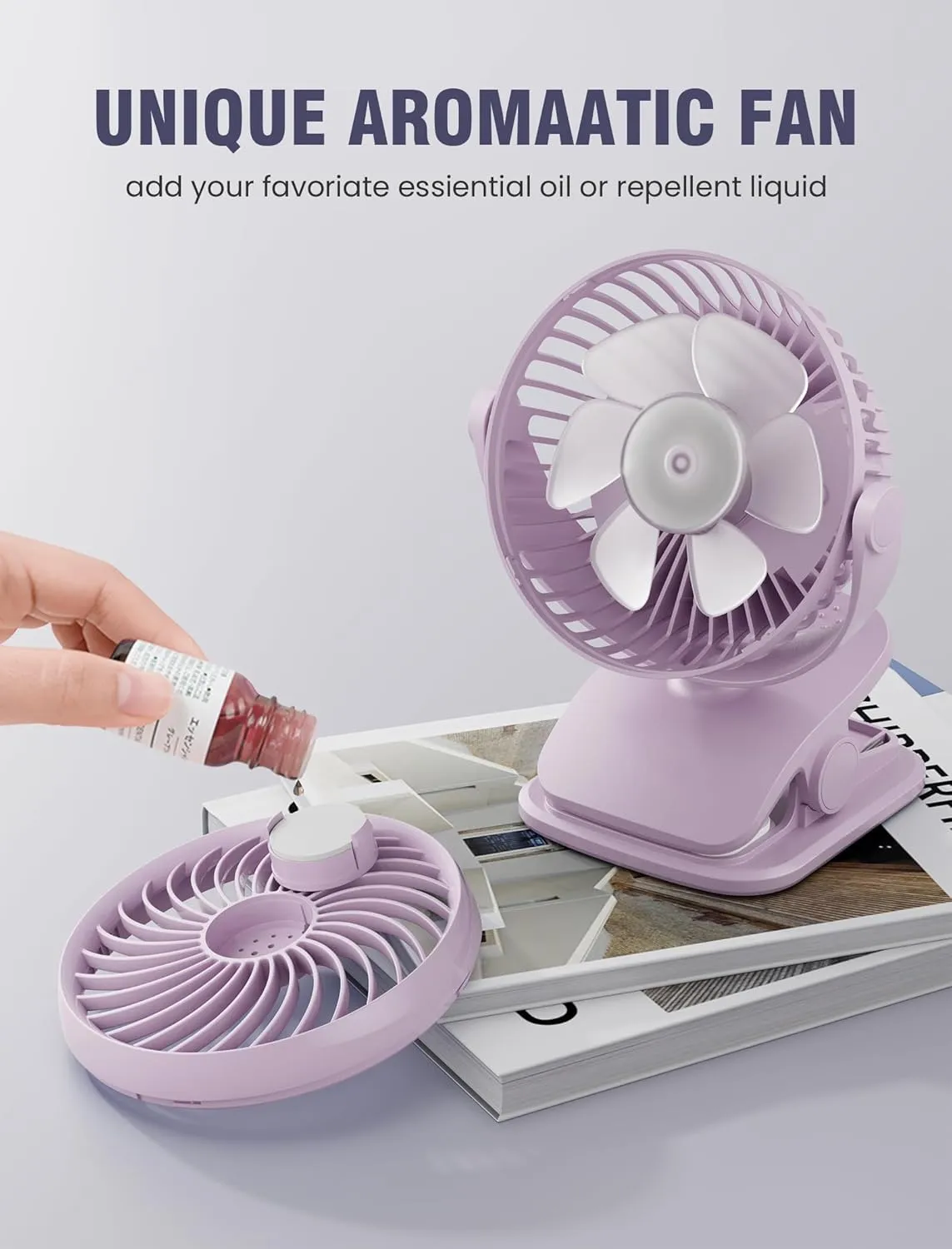 AA Battery Operated Clip-On Fan with Aroma, 4 Speeds, 5-inch Small Personal Fans for Baby Stroller, USB Powered, Quiet, 360 Rotation for Desk/Dorm/Camp/Golf Cart, Portable Home/Office/Bed Use