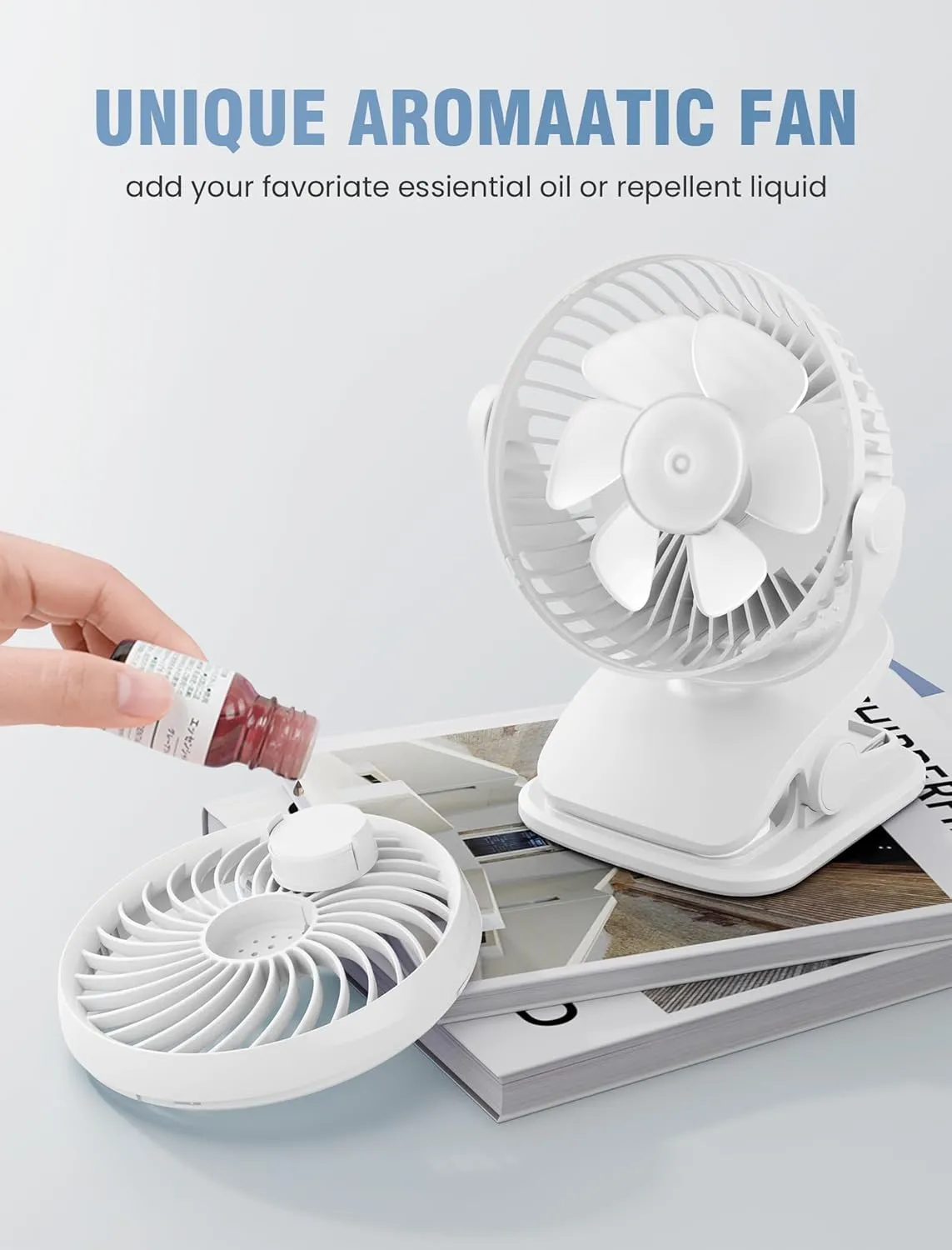 AA Battery Operated Clip-On Fan with Aroma, 4 Speeds, 5-inch Small Personal Fans for Baby Stroller, USB Powered, Quiet, 360 Rotation for Desk/Dorm/Camp/Golf Cart, Portable Home/Office/Bed Use