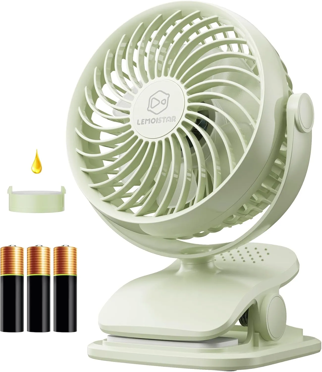 AA Battery Operated Clip-On Fan with Aroma, 4 Speeds, 5-inch Small Personal Fans for Baby Stroller, USB Powered, Quiet, 360 Rotation for Desk/Dorm/Camp/Golf Cart, Portable Home/Office/Bed Use 360-degree rotating fan for home use