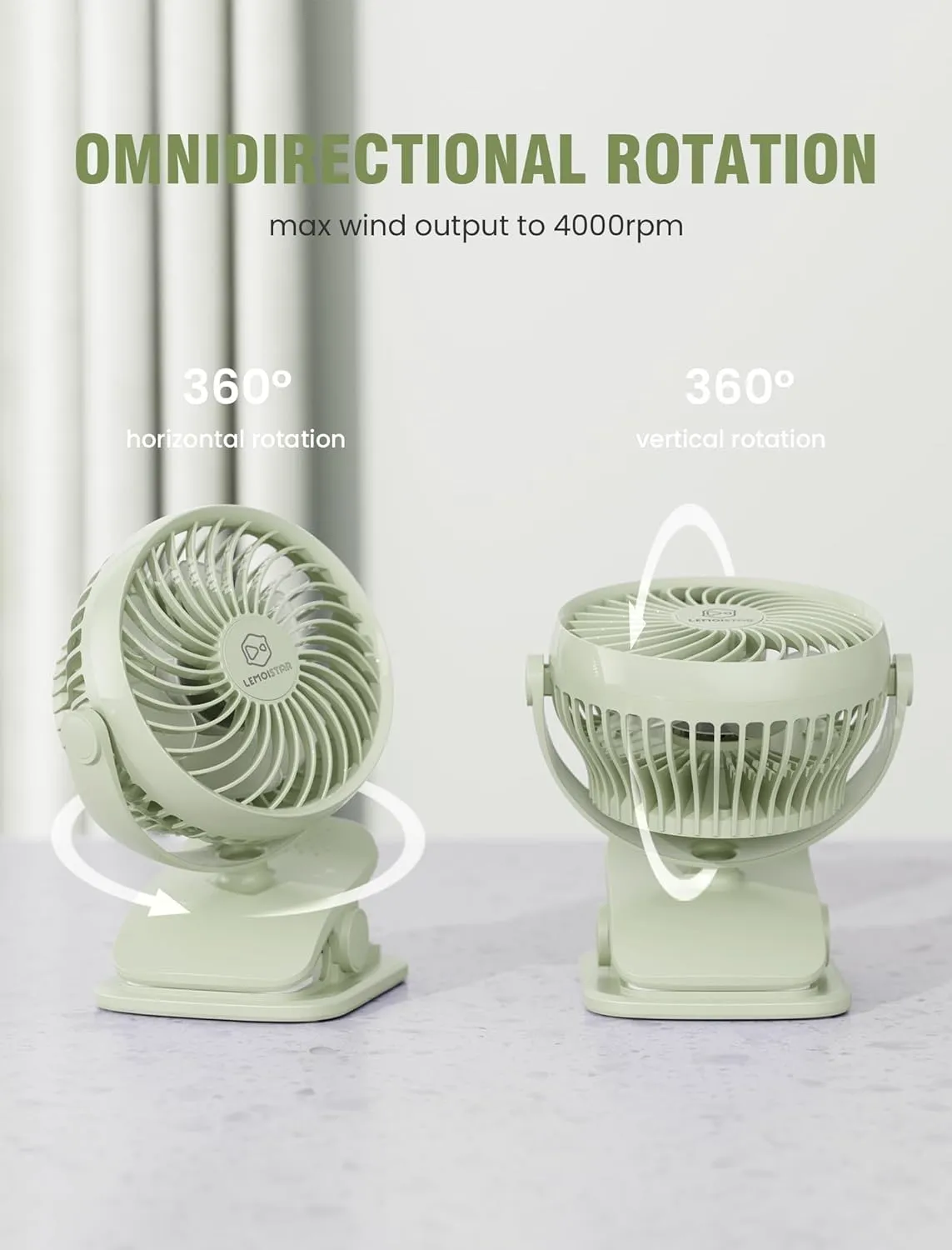 AA Battery Operated Clip-On Fan with Aroma, 4 Speeds, 5-inch Small Personal Fans for Baby Stroller, USB Powered, Quiet, 360 Rotation for Desk/Dorm/Camp/Golf Cart, Portable Home/Office/Bed Use