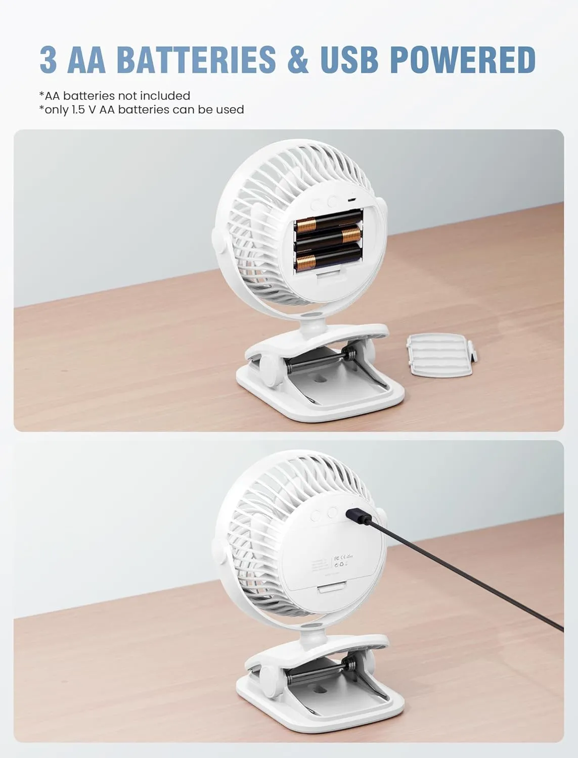 AA Battery Operated Clip-On Fan with Aroma, 4 Speeds, 5-inch Small Personal Fans for Baby Stroller, USB Powered, Quiet, 360 Rotation for Desk/Dorm/Camp/Golf Cart, Portable Home/Office/Bed Use