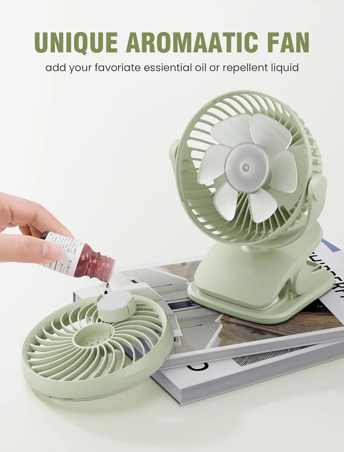 AA Battery Operated Clip-On Fan with Aroma, 4 Speeds, 5-inch Small Personal Fans for Baby Stroller, USB Powered, Quiet, 360 Rotation for Desk/Dorm/Camp/Golf Cart, Portable Home/Office/Bed Use