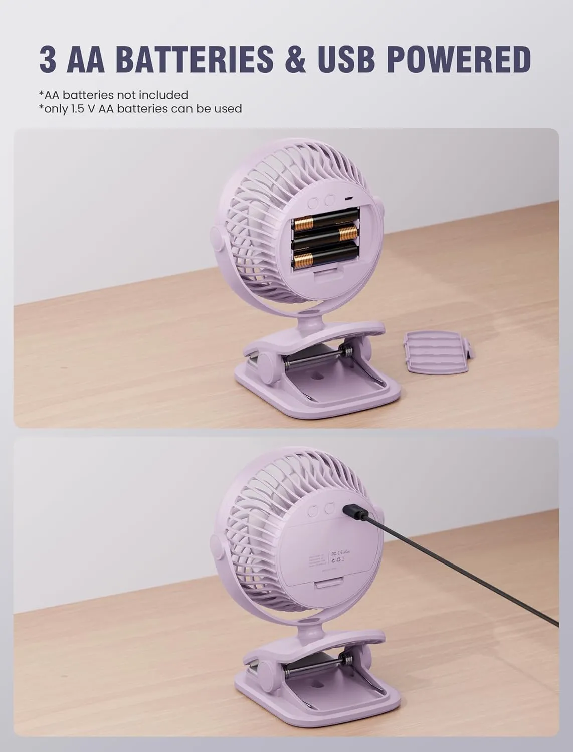 AA Battery Operated Clip-On Fan with Aroma, 4 Speeds, 5-inch Small Personal Fans for Baby Stroller, USB Powered, Quiet, 360 Rotation for Desk/Dorm/Camp/Golf Cart, Portable Home/Office/Bed Use