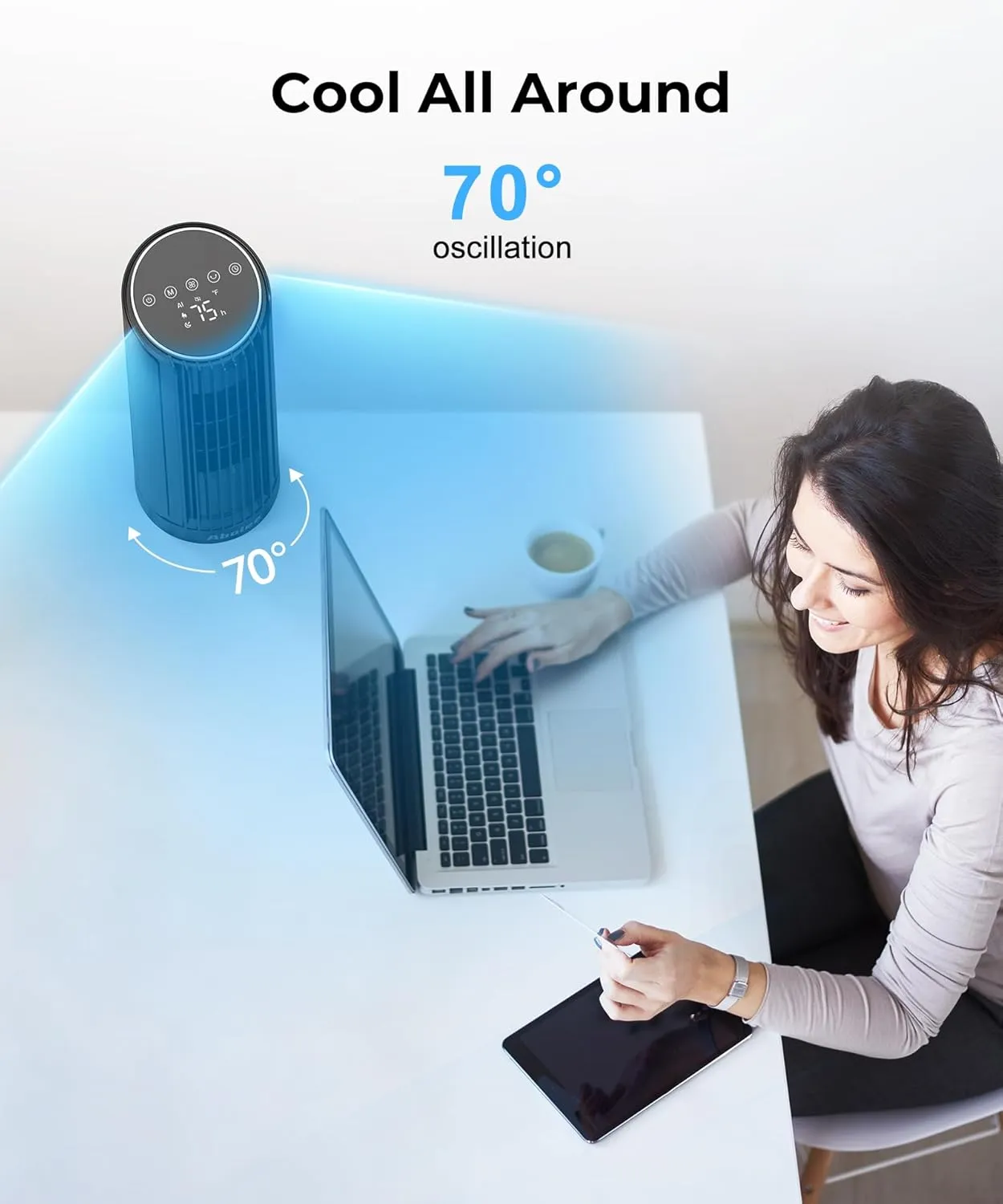 Abolee Tower Fan for Bedroom, 23ft/s Desk Fan with Remote, 70 Oscillating Desk Fan, 4 Speeds, 4 Modes,12Timer, 13'' Bladeless Portable Fan for Bedroom Office Home Black