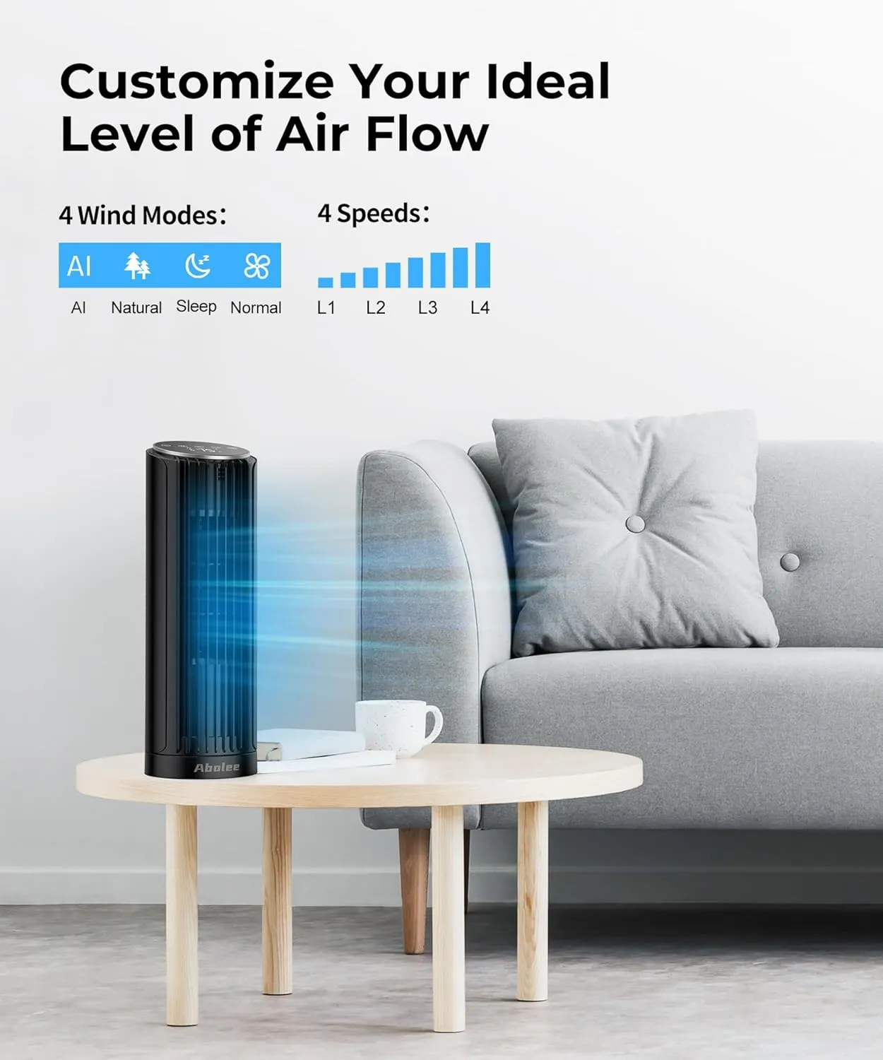 Abolee Tower Fan for Bedroom, 23ft/s Desk Fan with Remote, 70 Oscillating Desk Fan, 4 Speeds, 4 Modes,12Timer, 13'' Bladeless Portable Fan for Bedroom Office Home Black