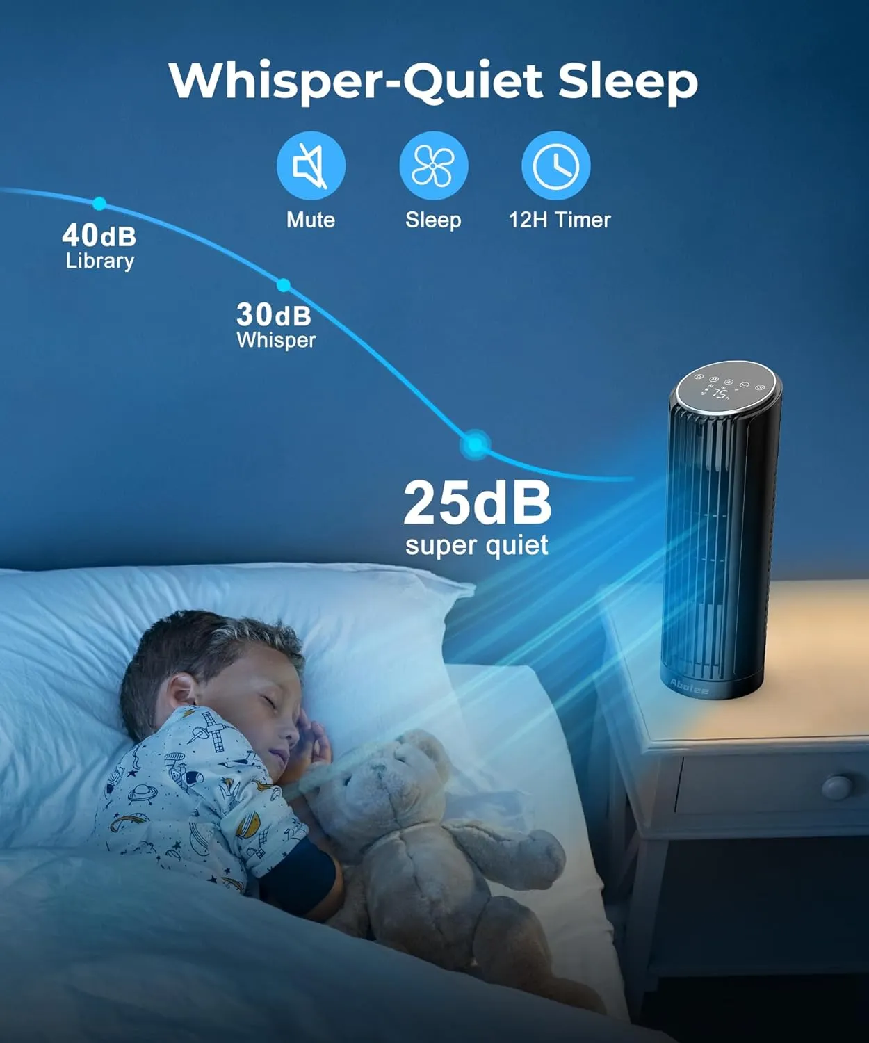 Abolee Tower Fan for Bedroom, 23ft/s Desk Fan with Remote, 70 Oscillating Desk Fan, 4 Speeds, 4 Modes,12Timer, 13'' Bladeless Portable Fan for Bedroom Office Home Black