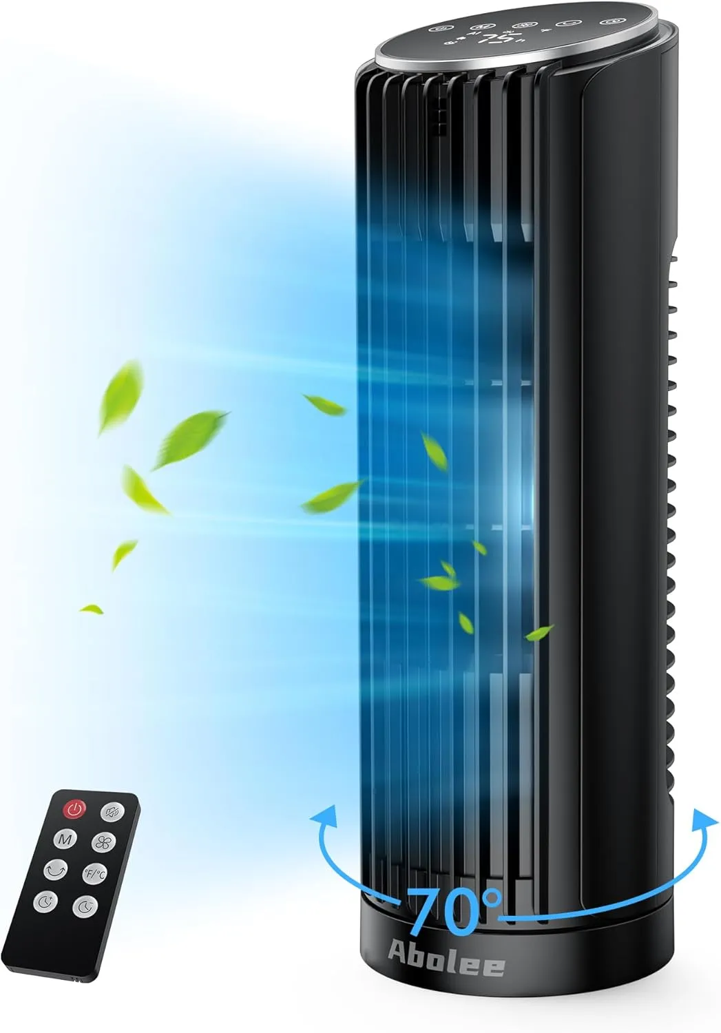 Abolee Tower Fan for Bedroom, 23ft/s Desk Fan with Remote, 70 Oscillating Desk Fan, 4 Speeds, 4 Modes,12Timer, 13'' Bladeless Portable Fan for Bedroom Office Home Black Small bladeless fan for quiet cooling