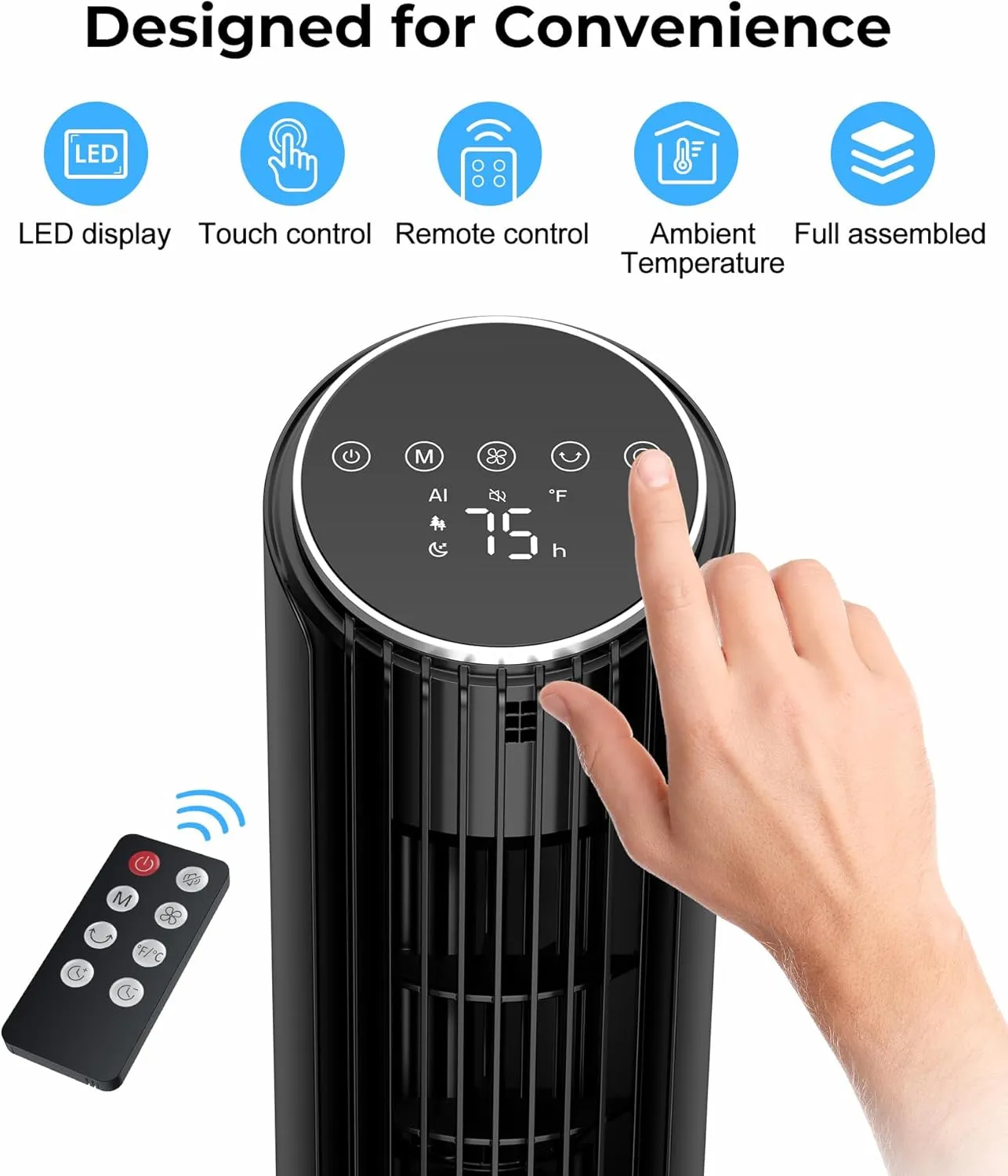 Abolee Tower Fan for Bedroom, 23ft/s Desk Fan with Remote, 70 Oscillating Desk Fan, 4 Speeds, 4 Modes,12Timer, 13'' Bladeless Portable Fan for Bedroom Office Home Black