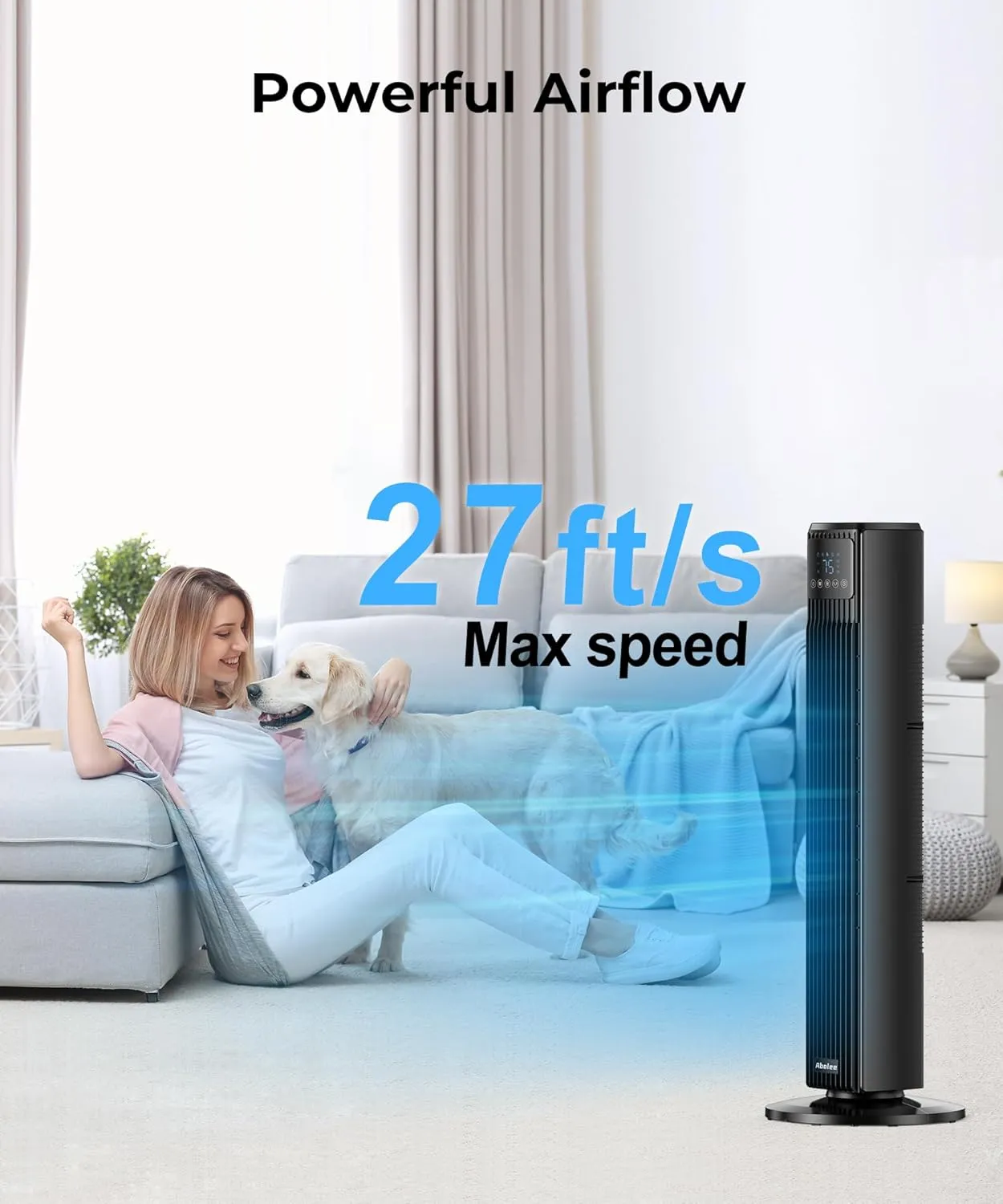 Abolee Tower Fan for Bedroom, Quiet Floor Fan with Remote, 90 Oscillating Fans with 4 Speeds, 4 Modes, 27ft/s Velocity, 12H Timer, 2024 New Standing Fans for Home, for Indoor Bedroom Office Black