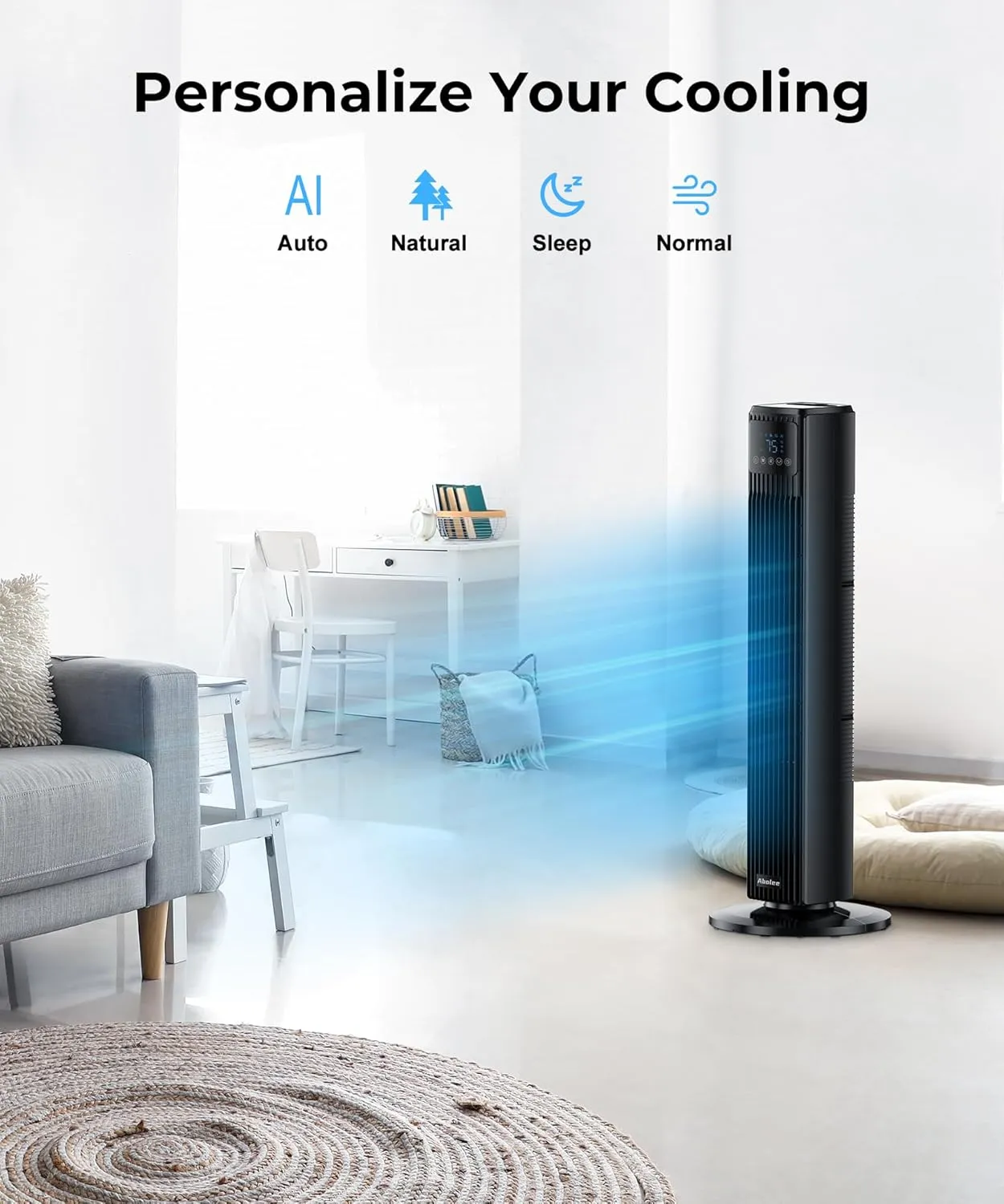 Abolee Tower Fan for Bedroom, Quiet Floor Fan with Remote, 90 Oscillating Fans with 4 Speeds, 4 Modes, 27ft/s Velocity, 12H Timer, 2024 New Standing Fans for Home, for Indoor Bedroom Office Black