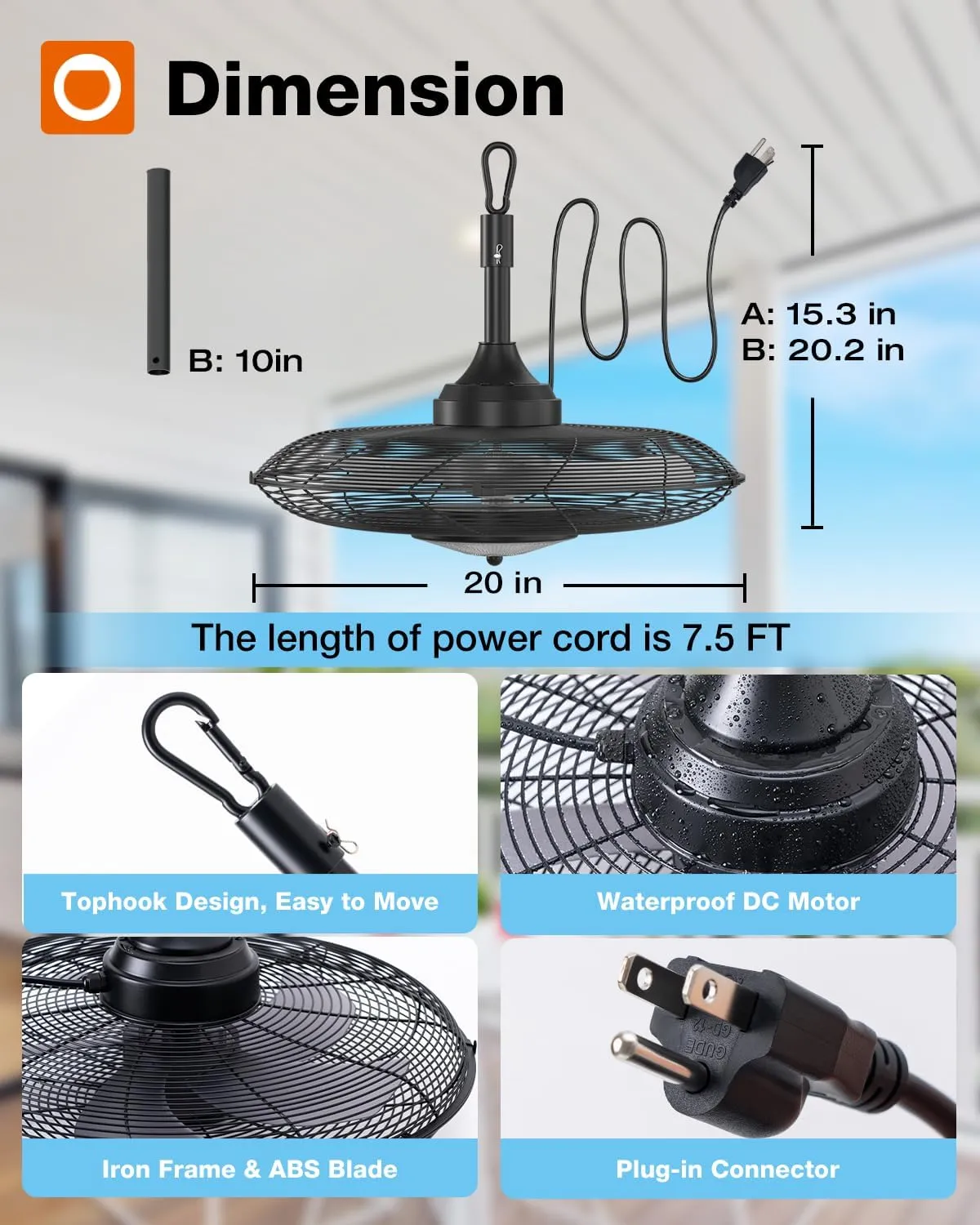 addlon Outdoor Ceiling Fan with Light for Patios, 20 inch Black Waterproof Gazebo Fan with Remote&APP Control, Reversible, Dimmable, Plug in Hook Mount Portable Fan for Garage Pergola Porch Canopy