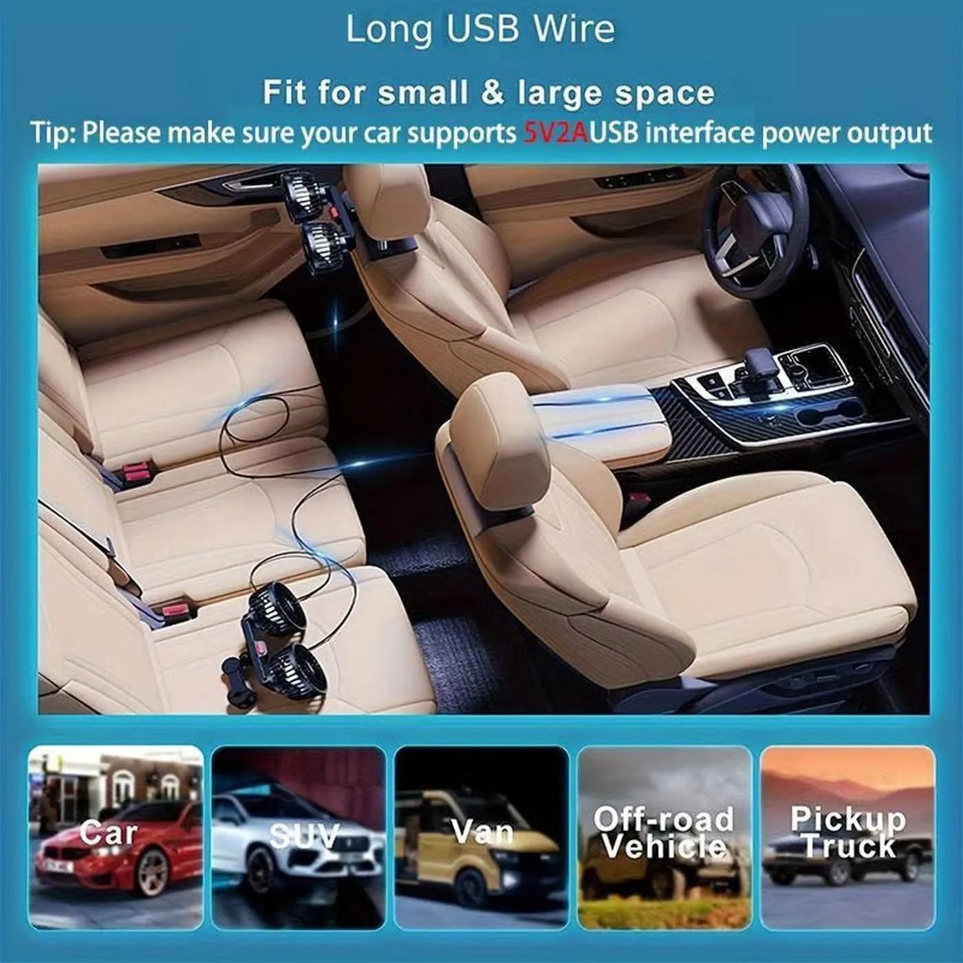 Adjustable Car Backseat Fan, Dual Head USB Car Seat Fans for Kids and Baby Rear Facing, 360 Rotatable Clip-On Cooling Fan for Rearseat Air Circulation in Vehicles, SUV Trucks RV(2pcs)