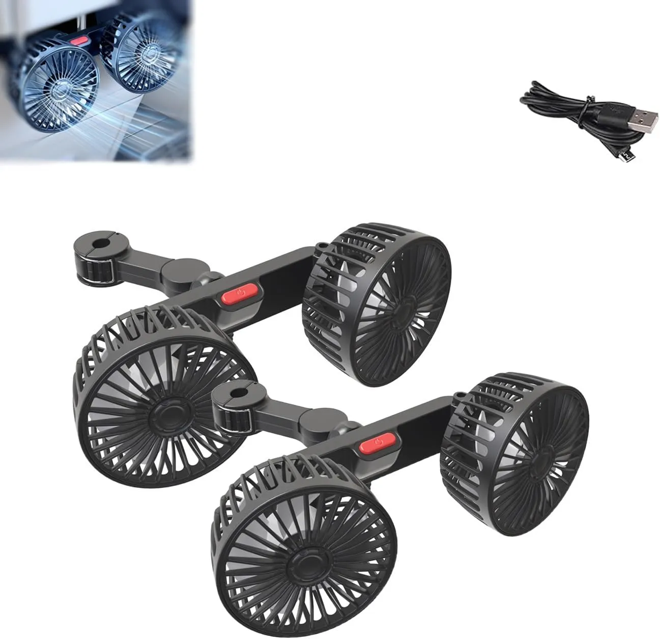 Adjustable Car Backseat Fan, Dual Head USB Car Seat Fans for Kids and Baby Rear Facing, 360 Rotatable Clip-On Cooling Fan for Rearseat Air Circulation in Vehicles, SUV Trucks RV(2pcs) Rear-mounted fan for childrens safety
