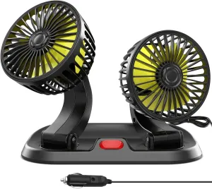 Adjustable Dual Head 12V Car Cooler Fan - Portable Vehicle Cooling Fan with 2 Speeds, 360 Rotation - Powered by Cigarette Lighter - Ideal for SUV, RV, Truck, Sedan 360-degree rotating fan for home use