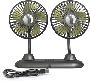 Adjustable Dual Head Car Cooling Fan-Brushless Motor-3 Speeds, 360 Rotation Car Essentials Car Cooler Fan for SUV, RV, Truck, Sedan, Cruise, Car and Home Office Desk Fan USB Powered 360-degree rotating fan for home use