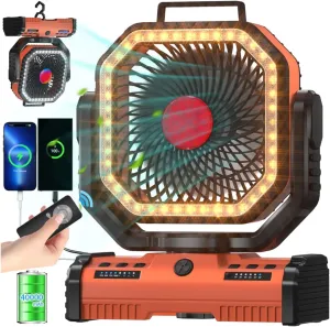 ADUST 12 Inch Camping Battery Operated Powered Fan with LED Lantern Light,40000mAh Rechargeable Portable Oscillating Fan with 360 Rotation Hanging Hook for Tents, Cordless USB Desk Fan(Orange) 360-degree rotating fan for home use