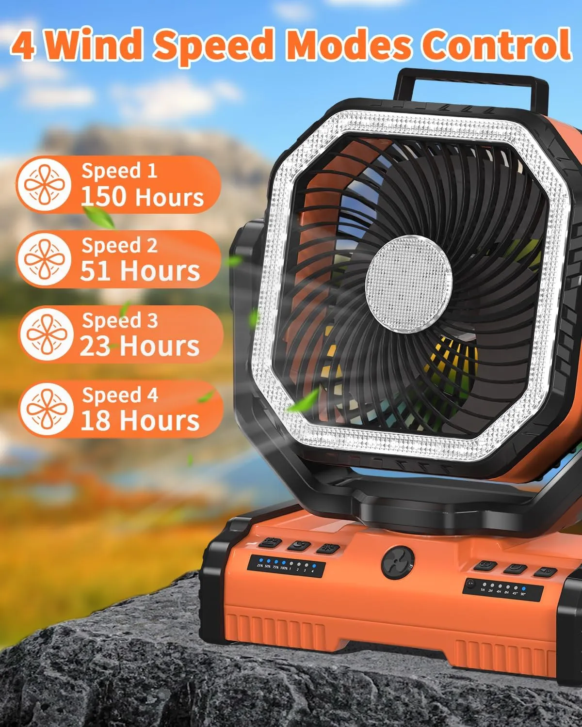 ADUST 12 Inch Camping Battery Operated Powered Fan with LED Lantern Light,40000mAh Rechargeable Portable Oscillating Fan with 360 Rotation Hanging Hook for Tents, Cordless USB Desk Fan(Orange)