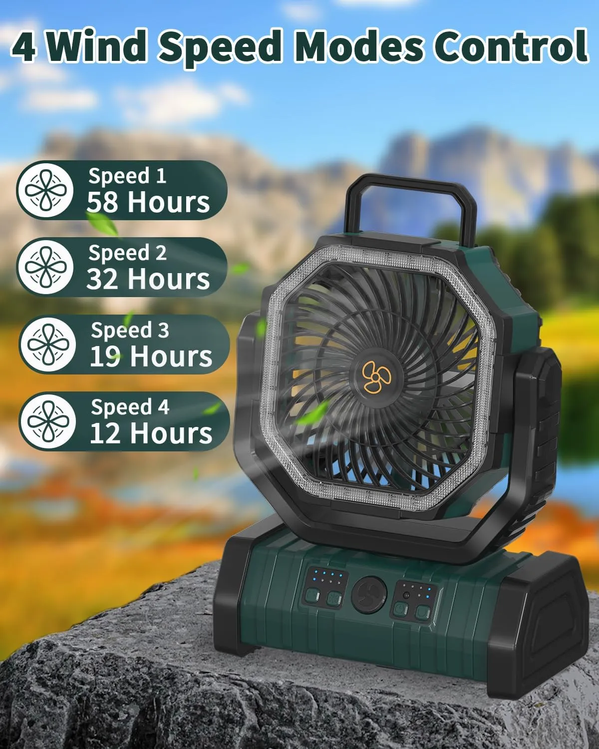 ADUST Camping Battery Operated Powered Fan with LED Lantern Light 20000mAh Rechargeable Portable, Oscillating Fan with 360 Rotation Hanging Hook for Tents, Cordless USB Desk Fan(Blackish Green)