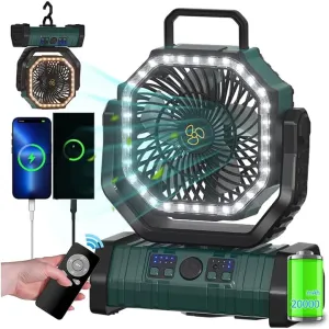 ADUST Camping Battery Operated Powered Fan with LED Lantern Light 20000mAh Rechargeable Portable, Oscillating Fan with 360 Rotation Hanging Hook for Tents, Cordless USB Desk Fan(Blackish Green) 360-degree rotating fan for home use