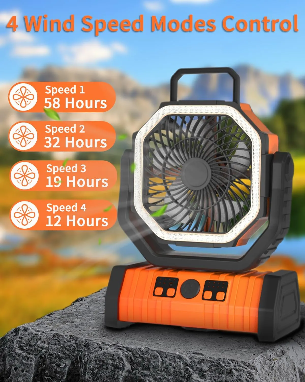 ADUST Camping Battery Operated Powered Fan with LED Lantern Light 20000mAh Rechargeable Portable Oscillating Fan with 360 Rotation Hanging Hook for Tents, Cordless USB Desk Fan(Orange)